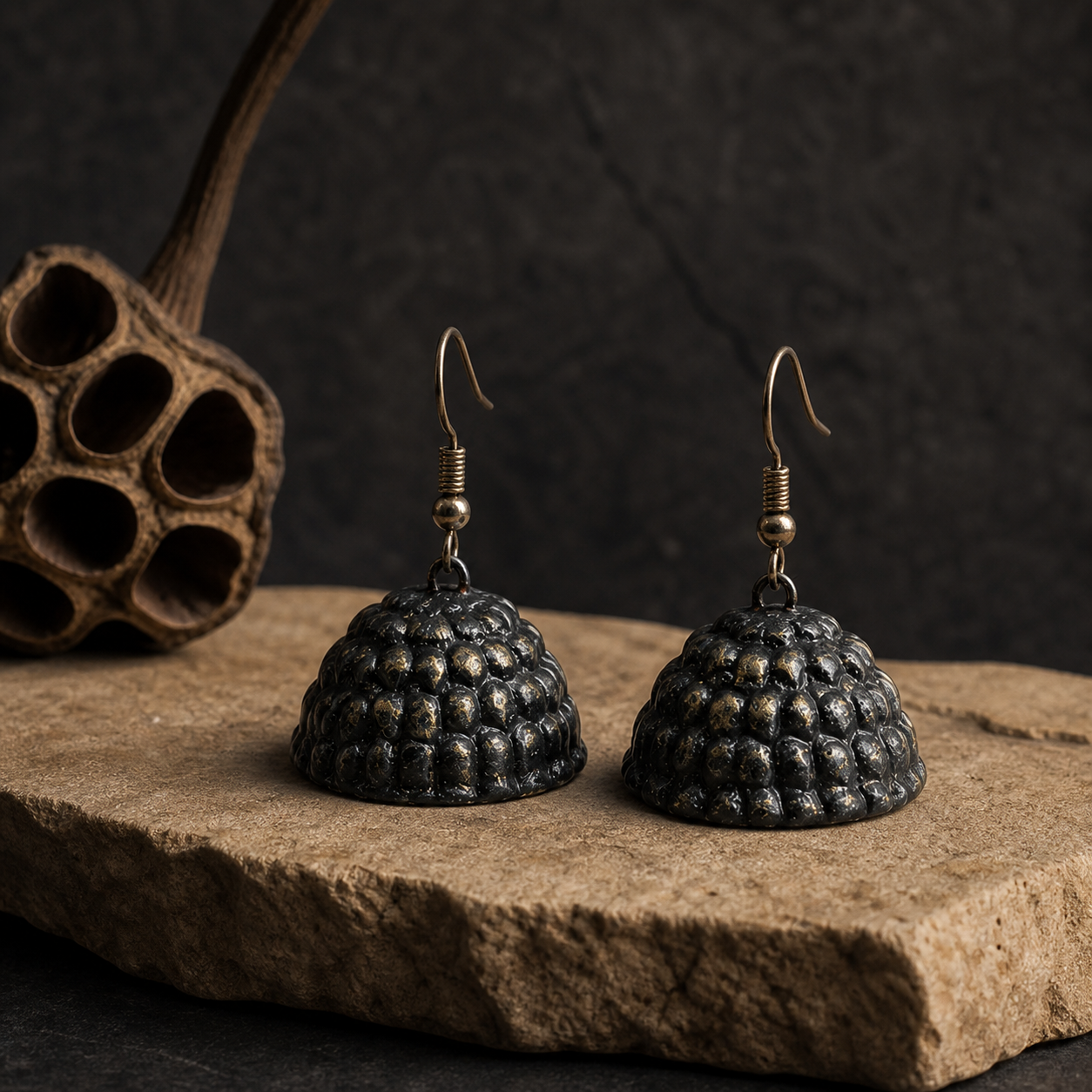 Oxidised black bell earrings